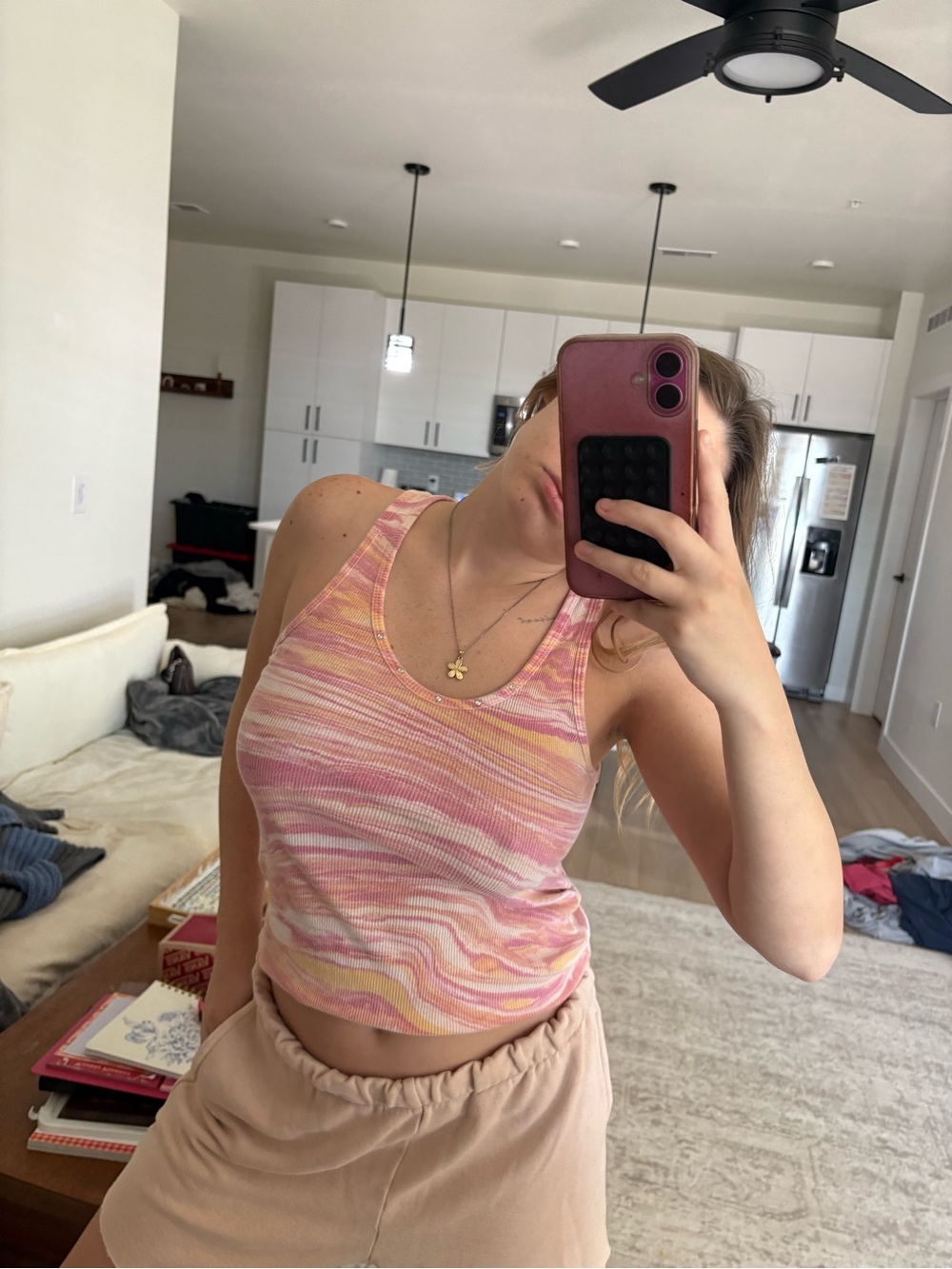 UNIONBAY Pink Peach Swirl Ribbed Tank Top